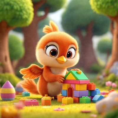 The image features a small, cute bird, possibly a chick, sitting on the ground and playing with a pile of colorful Lego blocks. The bird appears to be enjoying the playful activity, and the scene is set in a lush green field. The visual style of the image is a combination of photo and digital art, creating a vibrant and engaging atmosphere.